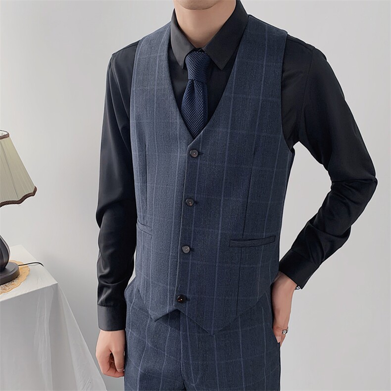 韩版修身男士西服套装格子西装三件套新郎结婚礼服,男装西服套装,星座1012