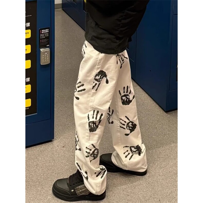 美式高街手掌印花男女hiphop潮牌炸街微喇牛仔裤设计感L66222-P41图片
