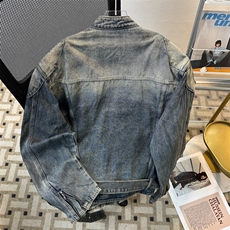 立领拉链重工拼接水洗做旧有垫肩牛仔夹克外套男宽松JK08962-P90，男装夹克，星座308B-1