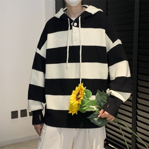 秋装美式条纹连帽毛衣男潮牌宽松慵懒风高街针织衫外套 W5881-P48图片