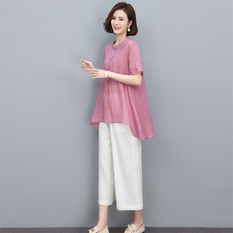 2023夏季苎麻时尚简约大方气质优雅纯色休闲透气两件套，女装套装/套裙，独衣靓