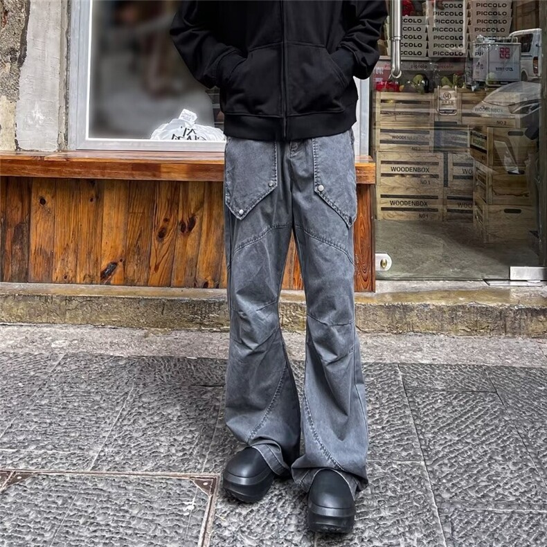 美式灰色水洗工装牛仔裤男潮牌宽松高街小众微喇长裤子NK110/P65,男装牛仔裤,星座506