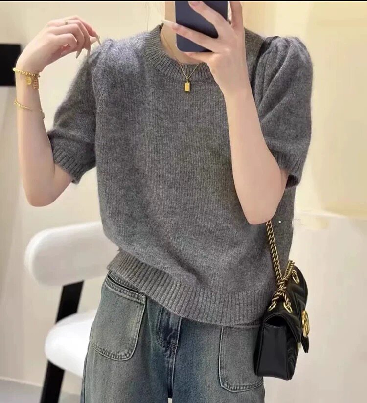 春秋款羊绒衫女圆领五分袖纯色短袖女套头针织中袖羊毛打底衫上衣，女装羊毛衫，恩泰羊绒