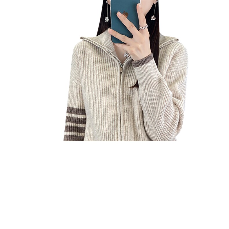 立领拉链针织开衫女秋冬新款宽松显瘦纯色羊毛外套,女装羊毛衫,佑昭祥羊绒