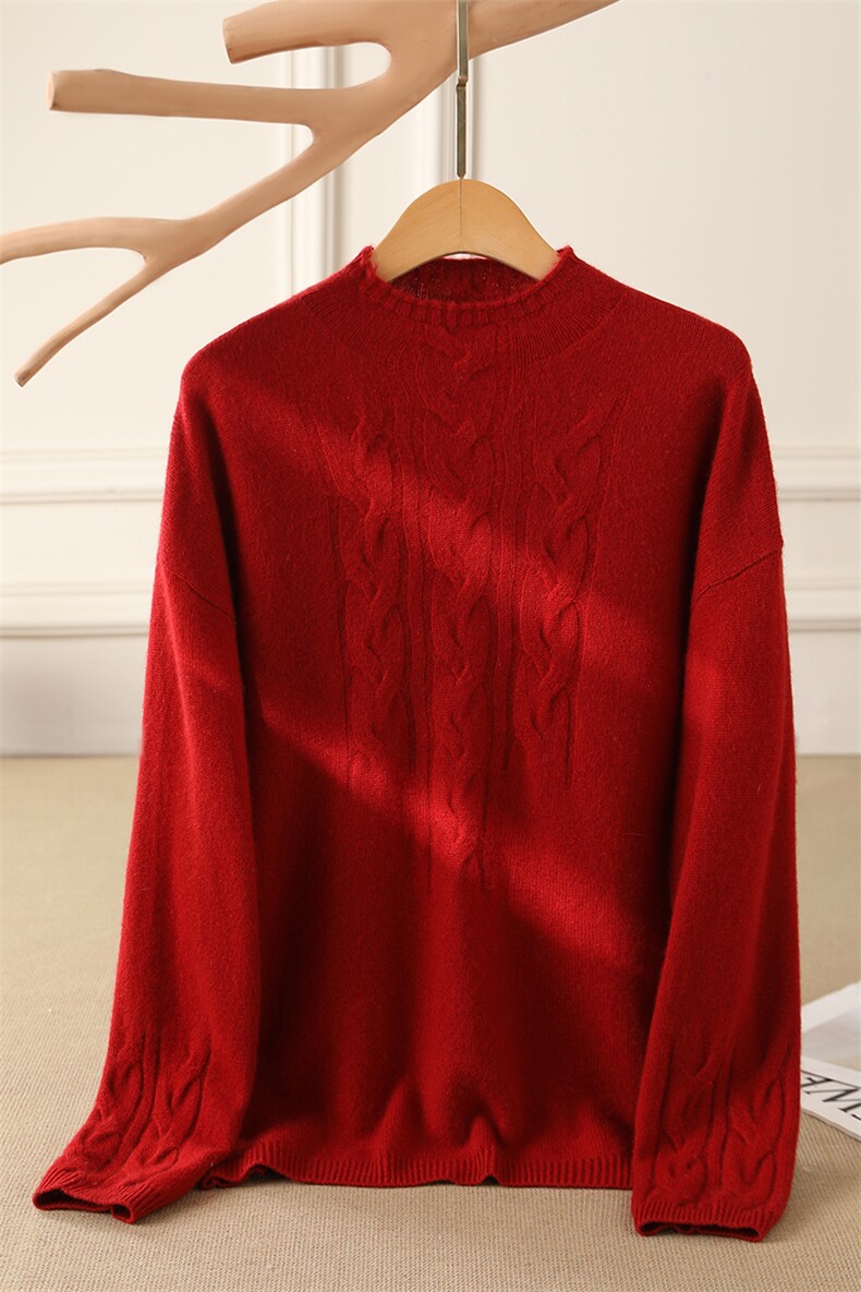 秋冬季35%羊绒简约休闲百搭时尚七针三排麻花半高领羊绒衫,女装羊绒衫,云暖羊山羊绒