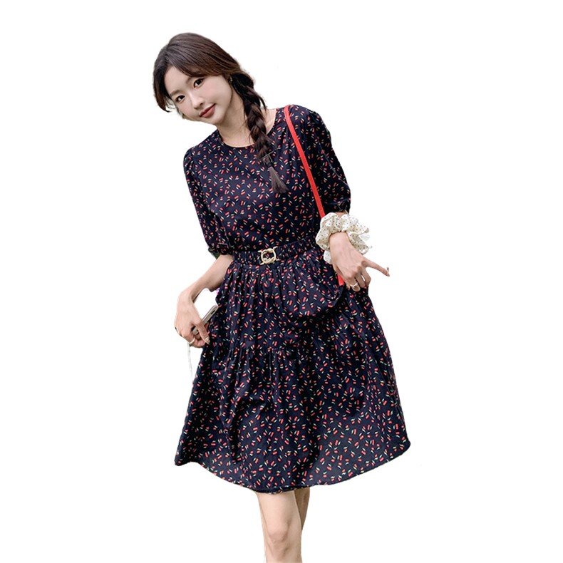 法式圆领碎花连衣裙女2024夏季新款小个子收腰显瘦气质减龄小众裙,女装连衣裙,2C107