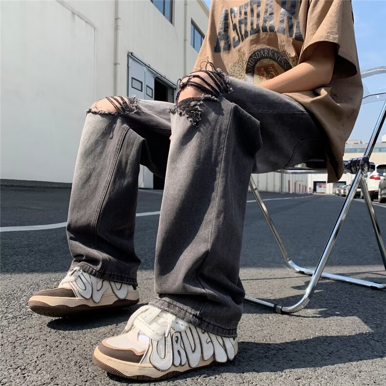 美式vibe风裤子高街潮牌水洗破洞牛仔裤男复古阔腿长裤KN844-P45,男装牛仔裤,星座1008