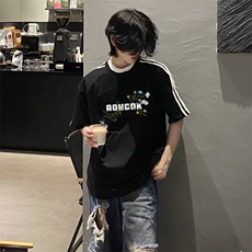 抖音得物高品质二开240克宽松纯棉美式潮牌三条杠织带短袖T恤，男装T恤，电商A486-1