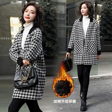 千鸟格毛呢外套女中长款2022年冬装新款加厚气质百搭格纹呢子大衣图片