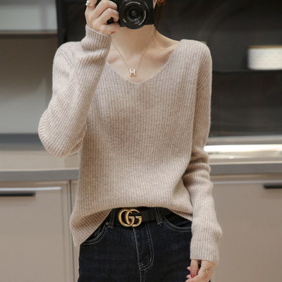 2025年秋季新款抽条双V领针织羊毛上衣时尚休闲通勤百搭，女装羊毛衫，洁纯羊绒