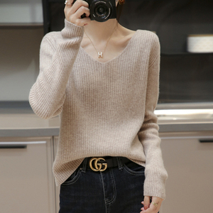 2025年秋季新款抽条双V领针织羊毛上衣时尚休闲通勤百搭，女装羊毛衫，洁纯羊绒