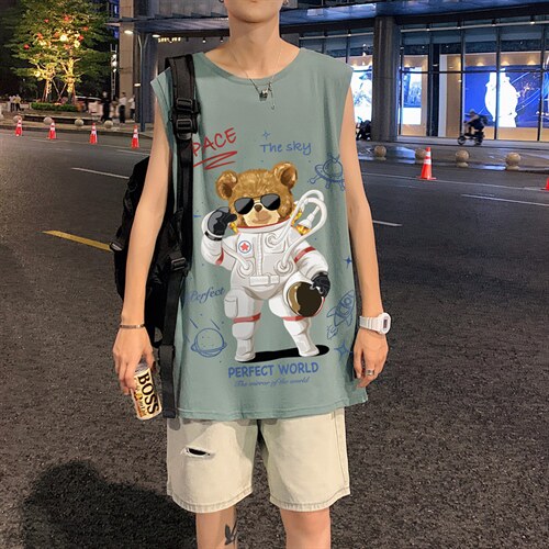 ！港风夏季无袖背心男汗衫男纯棉坎肩短袖T恤男B18-P20图片
