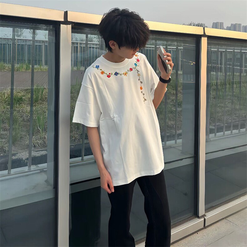 万针全刺绣工艺抖音得物高品质260克重磅纯棉双纱美式高街短袖T恤,男装T恤,电商A486
