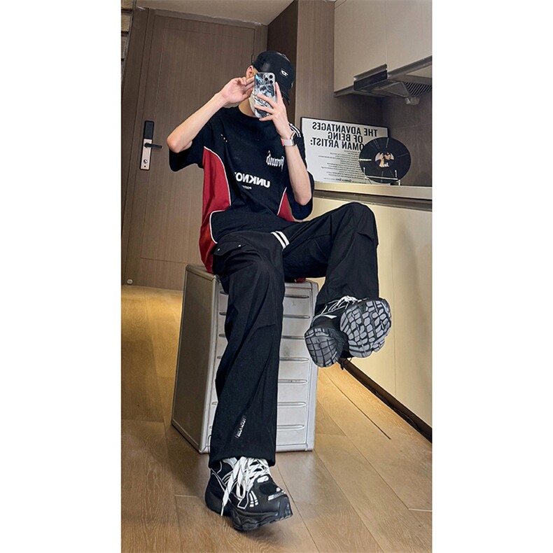 现货 美式薄款褶皱伞兵裤男阔腿宽松直筒休闲工装裤K652-P45 控68图片