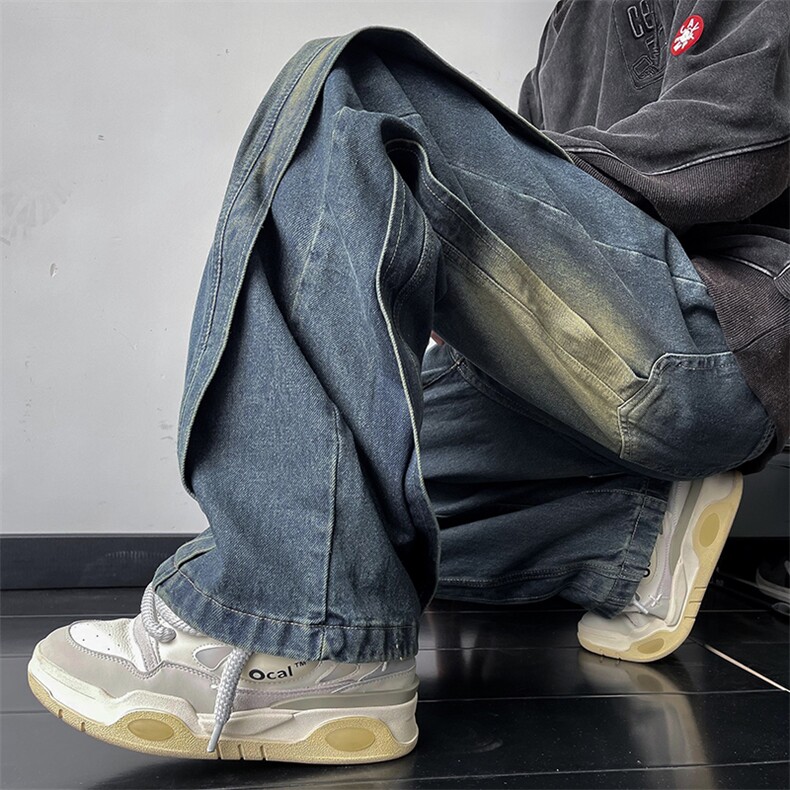 牛仔裤男秋季美式复古痞帅拼接水洗宽松直筒阔腿休闲长裤HN10-P48,男装牛仔裤,星座1008