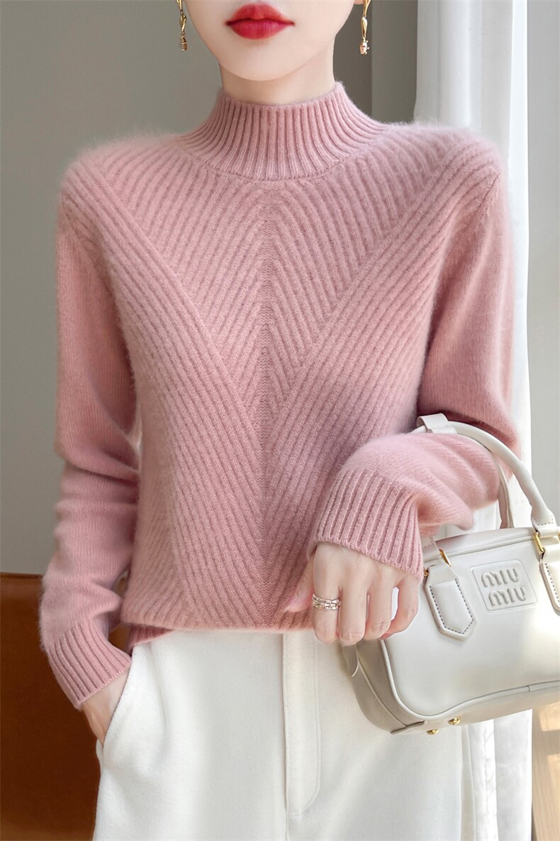 2025秋冬款半高领斜纹提花100%纯羊毛衫女加厚宽松羊绒衫针织毛衣,女装羊毛衫,九嘉羊绒