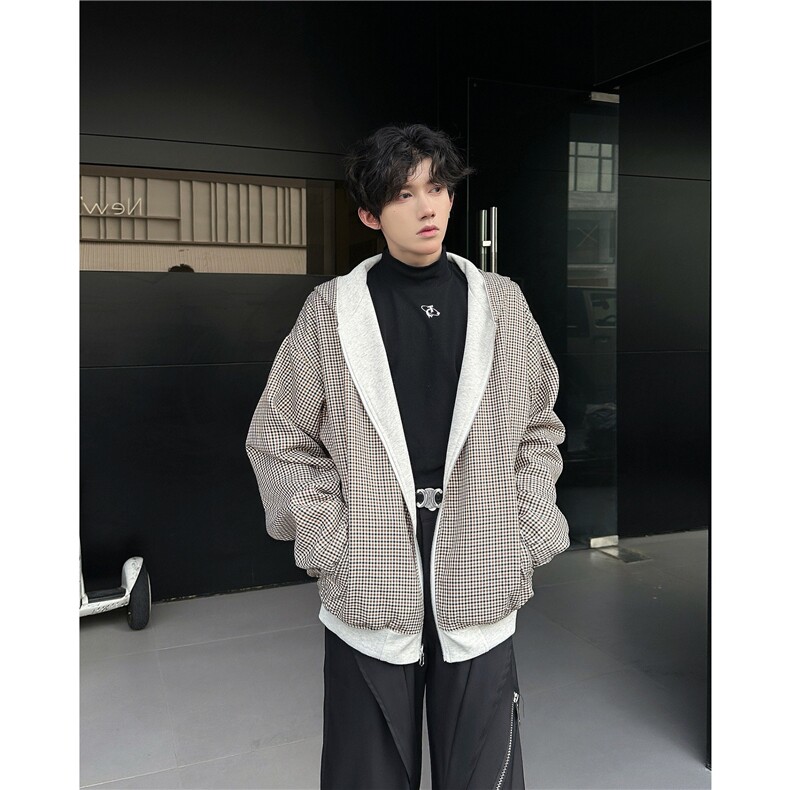 美式双面穿格子连帽外套男春秋棒球服夹克上衣拉链卫衣Y7061/P73,男装夹克,星座506