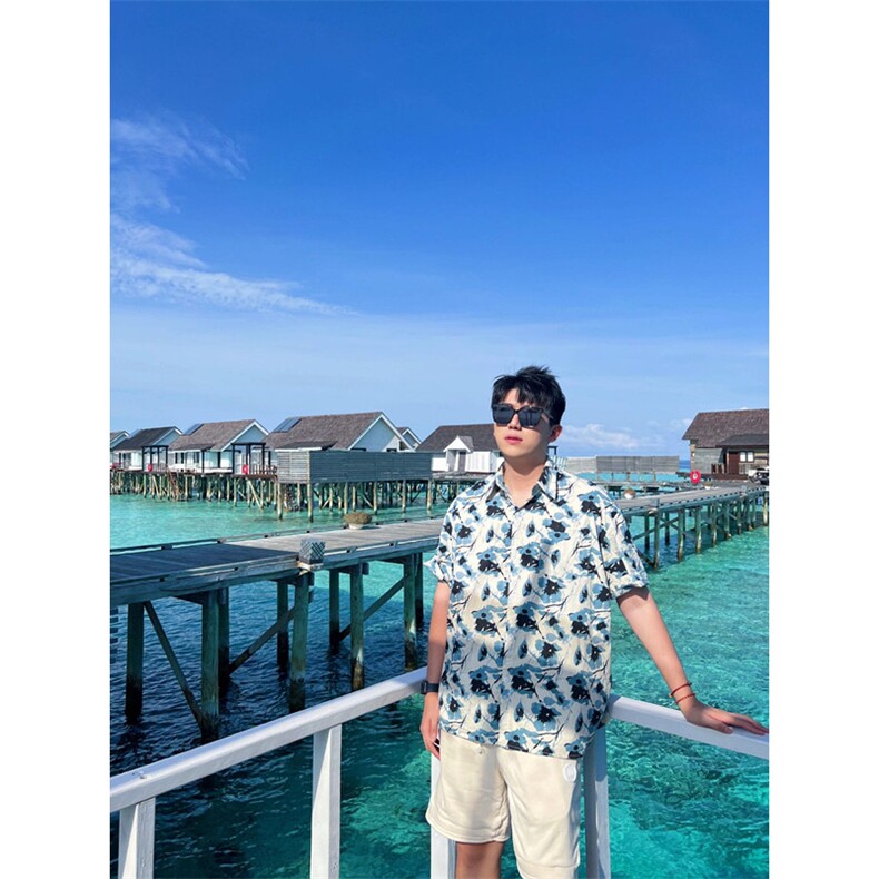 港味短袖衬衫男宽松休闲复古polo领碎花衬衣潮夏C5202,男装衬衫,星座1116A（原606A-3）