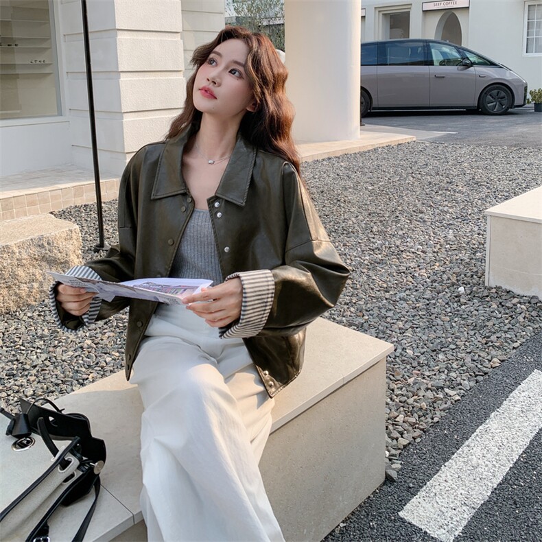 条纹拼接皮衣外套女2026秋季新款高级感炸街复古时髦机车夹克,女装短外套,2C177