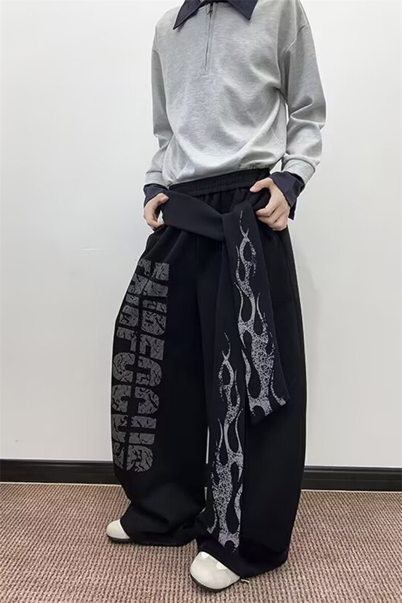 美式复古字母火焰飘带休闲卫裤男秋季新款2025阔腿裤子-A2294P45,男装休闲裤,电商B241
