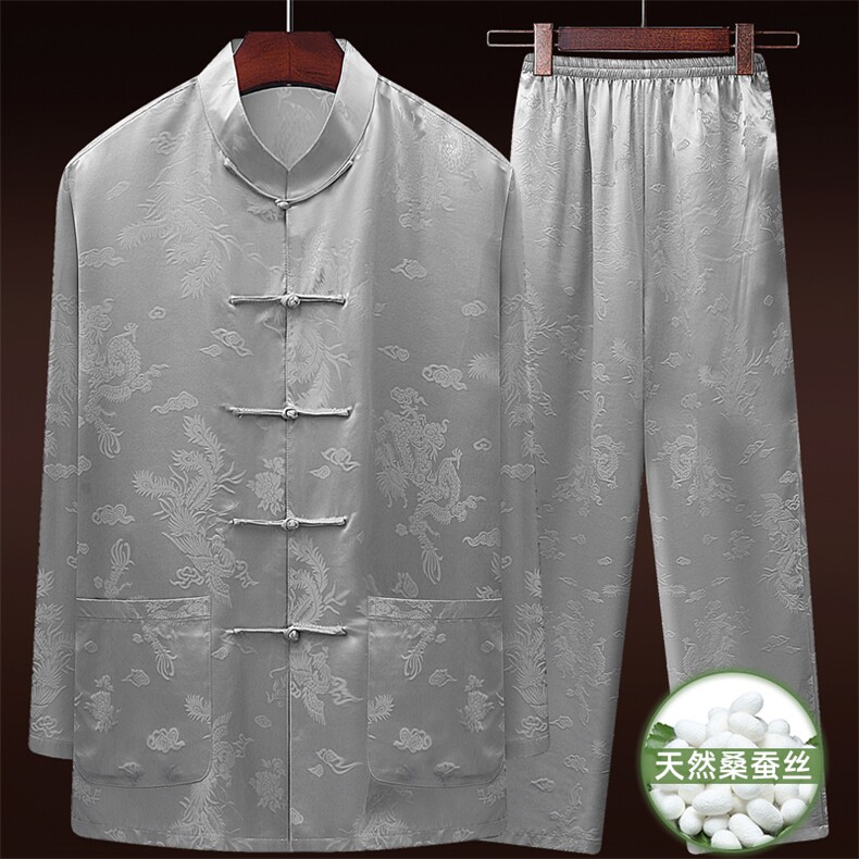现货夏款中老年风唐装真丝绸长袖套装太极服套装，男装休闲套装，钱塘723