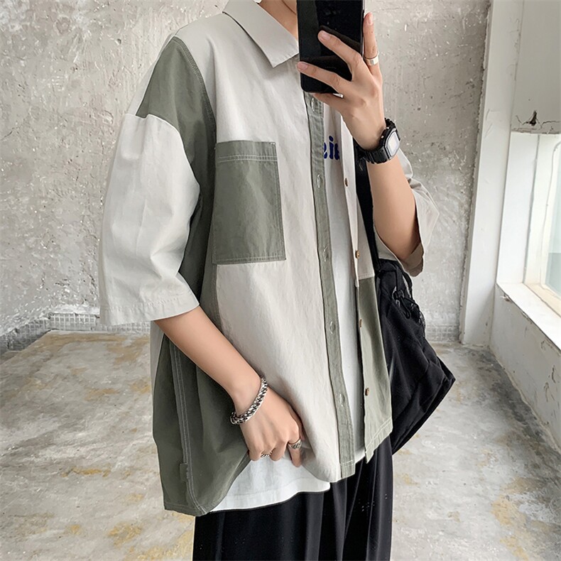 设计感拼接短袖衬衫男夏季Cityboy宽松休闲工装衬衣外套CS155-p32,男装T恤,星座1008