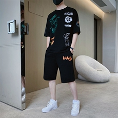 2024夏季潮流时尚T恤男装青少年宽松休闲ins圆领套装F307P58，男装休闲套装，电商A086