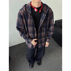 韩版撞色格子长袖衬衫oversize男复古连帽外套5Q1124-TP4088，男装衬衫，电商A102