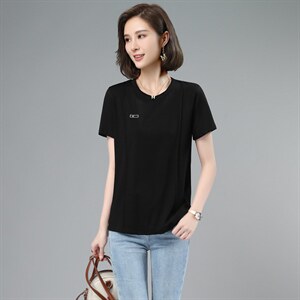 板酷2026夏装新款时尚刺绣黑色圆领T恤B612，女装T恤，板酷