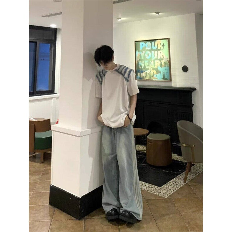 韩系ins高级感穿搭毛边短袖cleanfit设计感五分袖T恤夏季LG84-P41,男装T恤,星座1008
