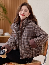 复古格子羽绒棉服女2025冬季新款短款保暖棉衣巨好看的夹棉厚外套，女装棉衣/棉服，涵誉