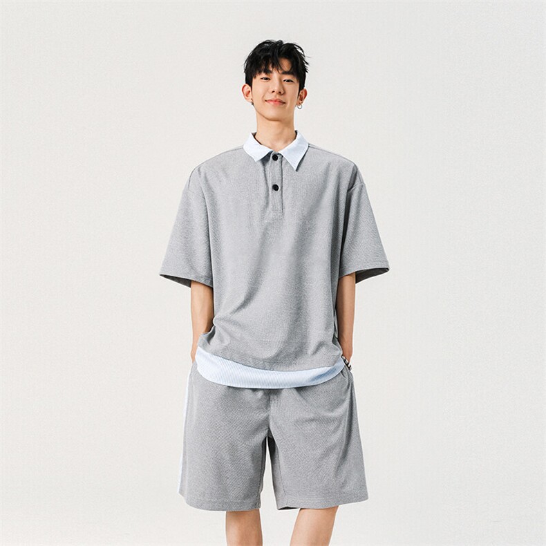抖音品质夏季新款假两件短袖POLO衫潮牌休闲套装男-A2119TP50控78,男装T恤,电商B241