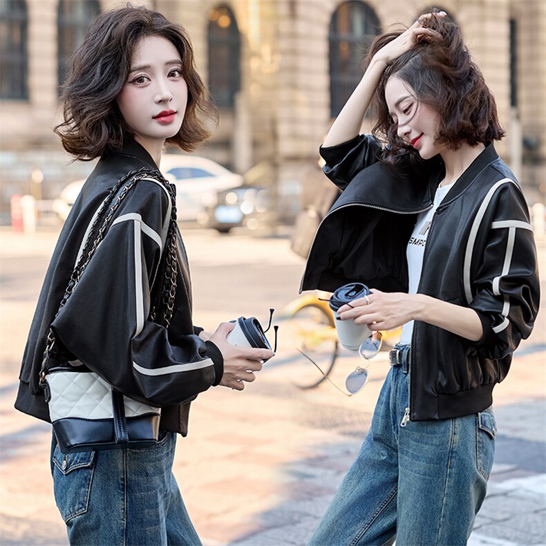 现货撞色立领皮衣2025年女秋季新款水洗宽松百搭皮上衣,女装皮衣,英标秀（1C119）