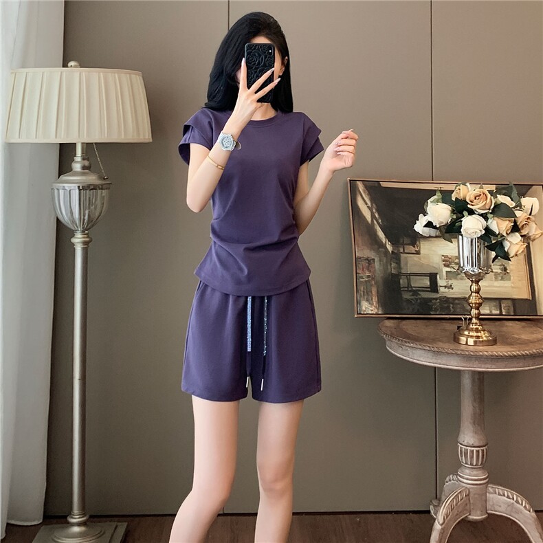 盐系穿搭休闲时尚套装女夏新款减龄显瘦圆领短袖上衣短裤两件套潮,女装套装/套裙,江南