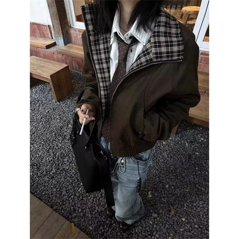 假两件复古翻领夹克男春秋高级感美式潮牌痞帅外套休闲宽松棒球服,男装夹克,四季星座505