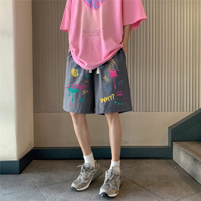 港风新款夏季时尚百搭宽松印花松紧腰短裤五分裤A6252P25控38,男装牛仔裤,电商A268A