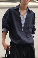 老钱风假两件V领衬衫男女春秋慵懒风设计感宽松穿搭拼接工装外套，男装衬衫，星座302B