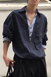 老钱风假两件V领衬衫男女春秋 慵懒风设计感宽松穿搭拼接工装外套图片