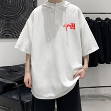 LD54276-P45连帽短袖t恤男大码胖子带帽五分袖中袖，男装T恤，电商A040