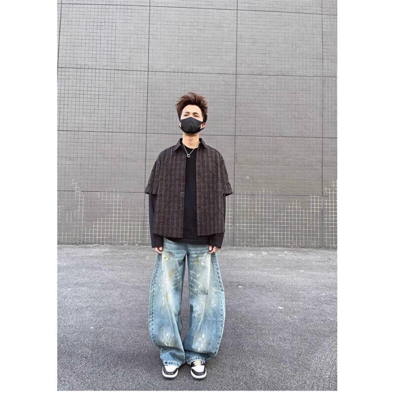 W9586-P58网图现货美式复古高街泼墨弯刀廓形牛仔裤,男装牛仔裤,星座1608-2