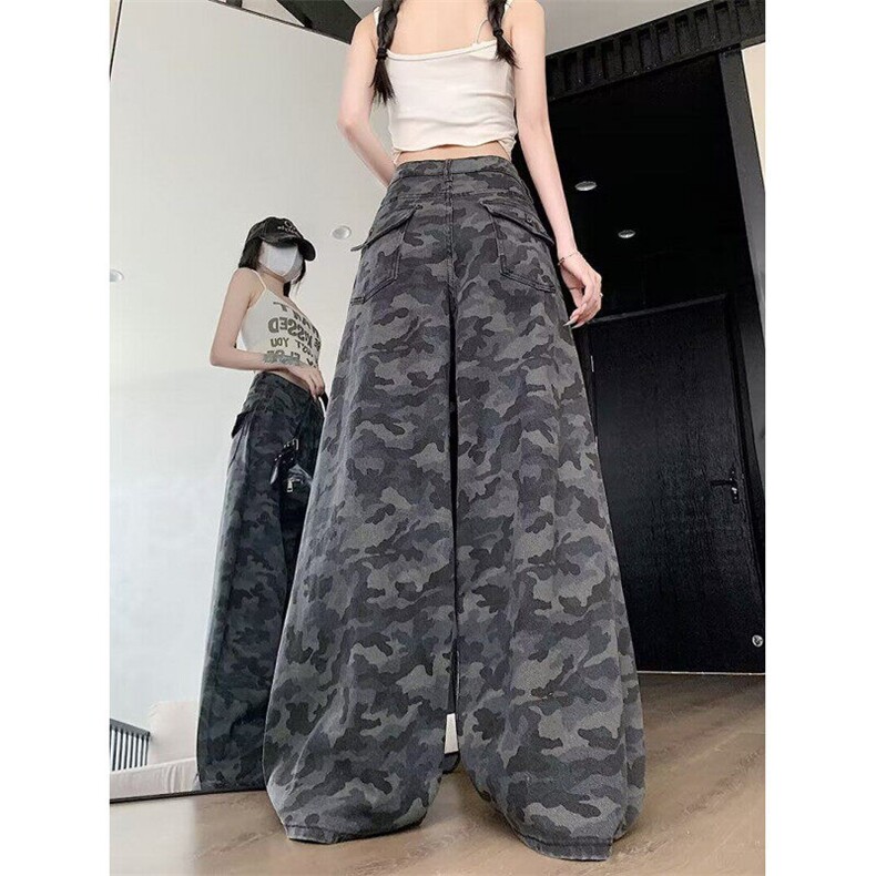 YC0221-P45迷彩工装阔腿牛仔裤男女春夏季新款高腰宽松直筒拖地裤,男装牛仔裤,电商C233