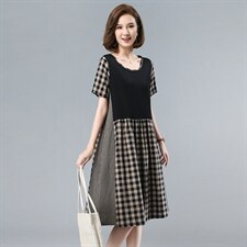 时尚拼接格纹连衣裙显瘦修身大码女装优雅气质短袖裙装，女装连衣裙，依恋蒂丝
