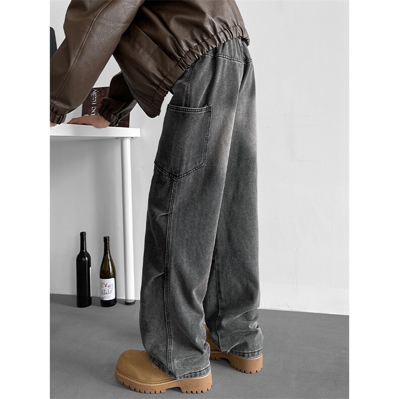特批P40无差价秋新设计感水洗牛仔裤男褶皱高街大码直筒长裤N9059，男装牛仔裤，电商A001