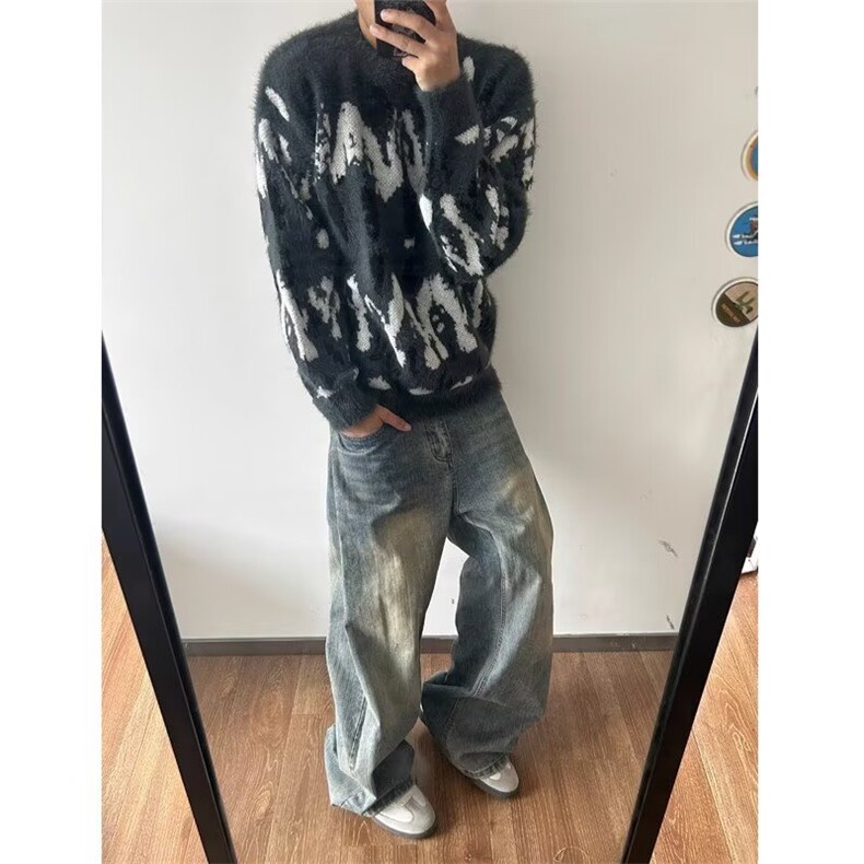 YTM108-P602025秋冬新款小众拼接百搭毛衣针织衫美式复古提花,男装针织衫/毛衣,电商B323A