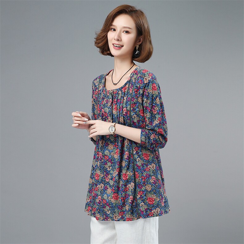 2021春季新款时尚舒适圆领休闲碎花套头衫,女装衬衫,小林双子
