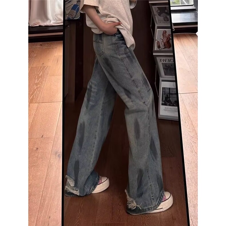 复古涂鸦牛仔裤男秋季美式高街vibe裤子弯刀宽松阔腿裤L91455-P46,男装牛仔裤,星座1008
