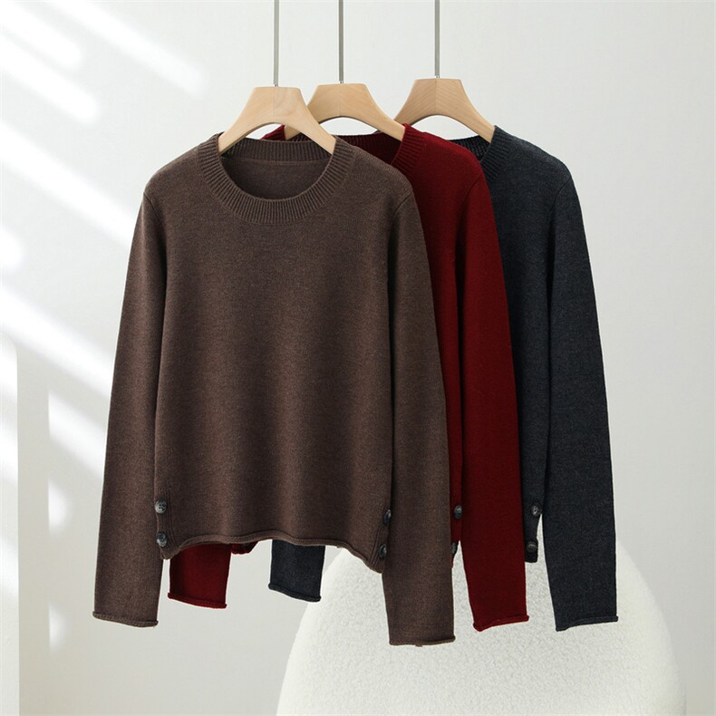 2025年秋季时尚百搭通勤简约休闲圆领侧扣，女装羊毛衫，朝思羊绒