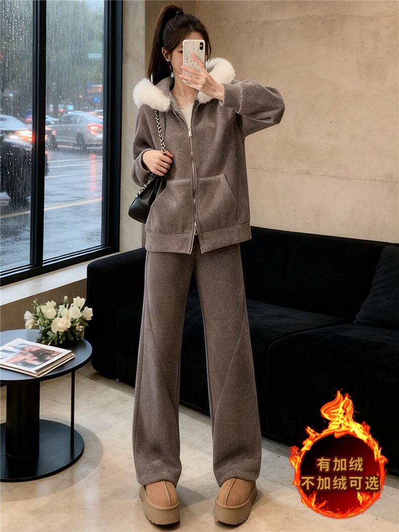 女秋冬新款时尚休闲套装宽松显瘦短款连帽毛领外套阔腿长裤两件套,女装套装/套裙,江南