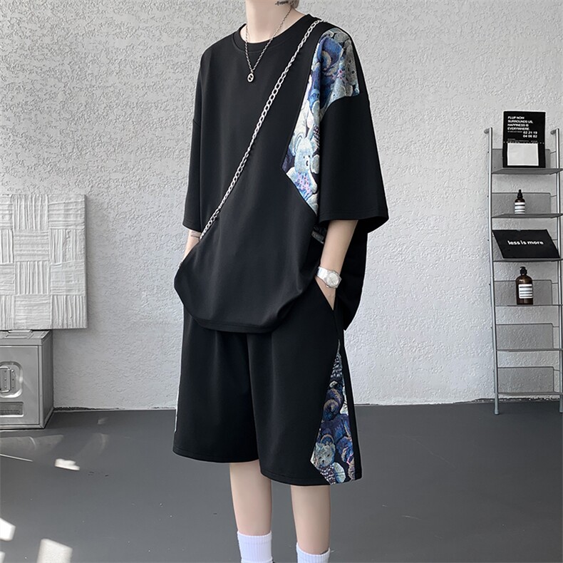 TZ792-特批50控98夏季冰丝潮流大码小熊撞色短袖短裤套装男,男装牛仔裤,电商A059