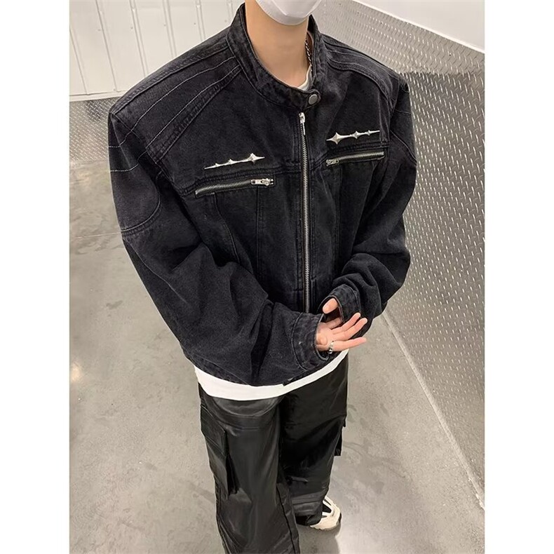现货美式短款牛仔外套新潮牌男装潮流垫肩立领牛仔夹克JK8203-P78,男装工装外套,星座302B-3
